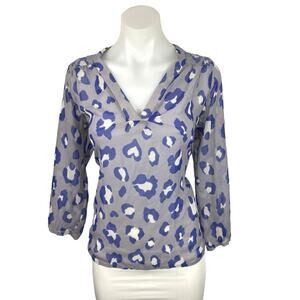 Wanna Be Blue Gray Leopard V Neck Pullover Long Sleeve Blouse Top Size M